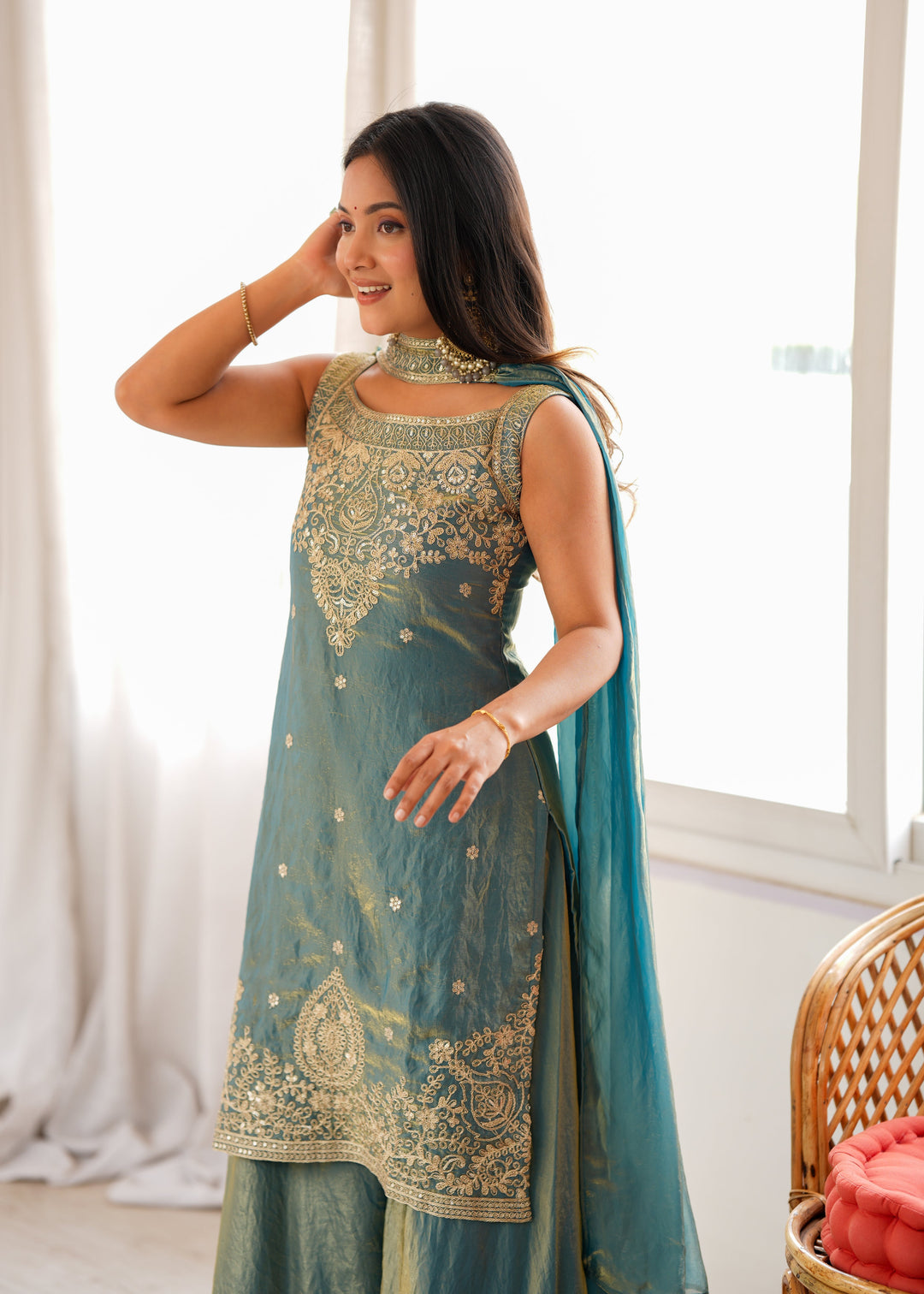 Dusty Teal Pure Soft Fendy Silk Embroidered Kurta Sharara Set with Designer Dupatta