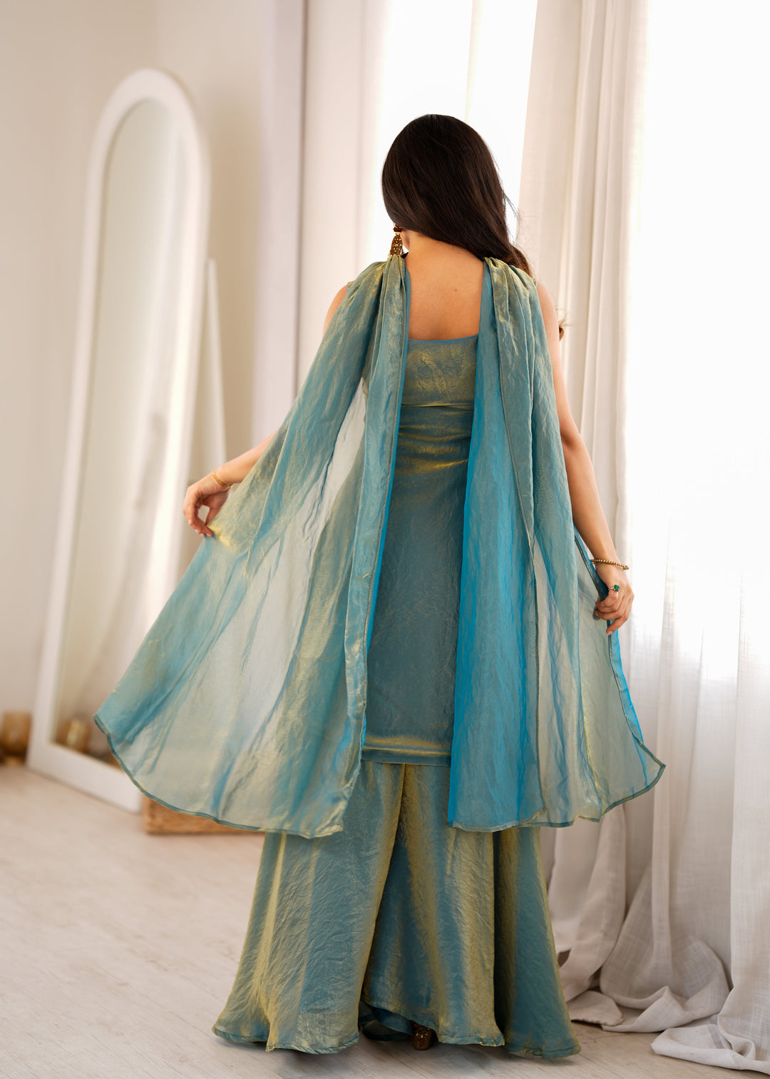 Dusty Teal Pure Soft Fendy Silk Embroidered Kurta Sharara Set with Designer Dupatta