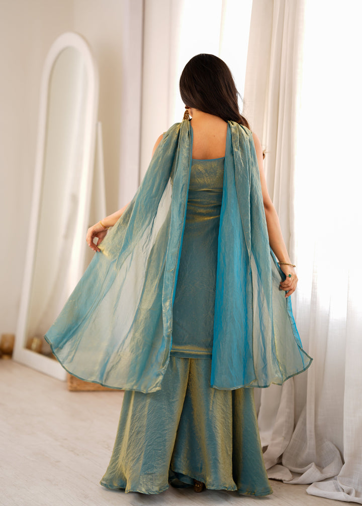 Dusty Teal Pure Soft Fendy Silk Embroidered Kurta Sharara Set with Designer Dupatta