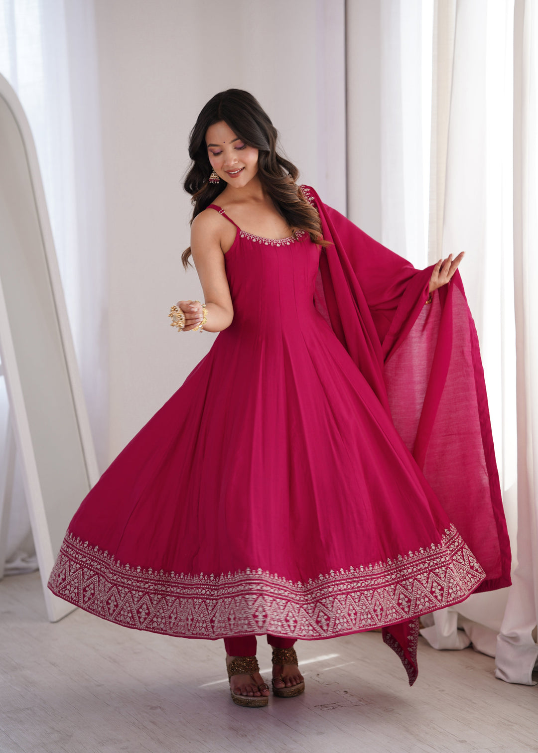 Rani Pink Roman Silk Chanderi Flared Anarkali Suit Set with Designer Dupatta