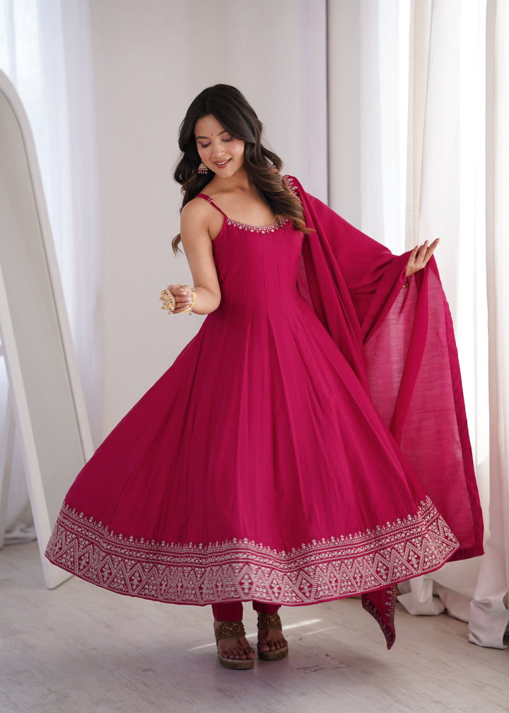 Rani Pink Roman Silk Chanderi Flared Anarkali Suit Set with Designer Dupatta
