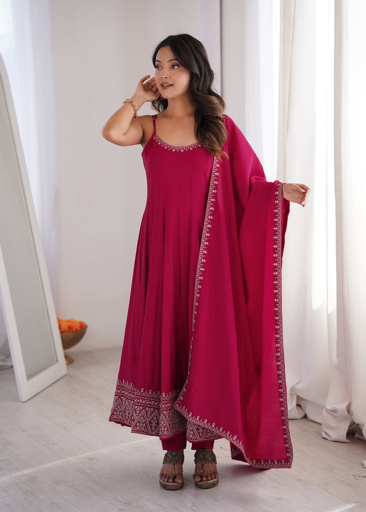 Rani Pink Roman Silk Chanderi Flared Anarkali Suit Set with Designer Dupatta