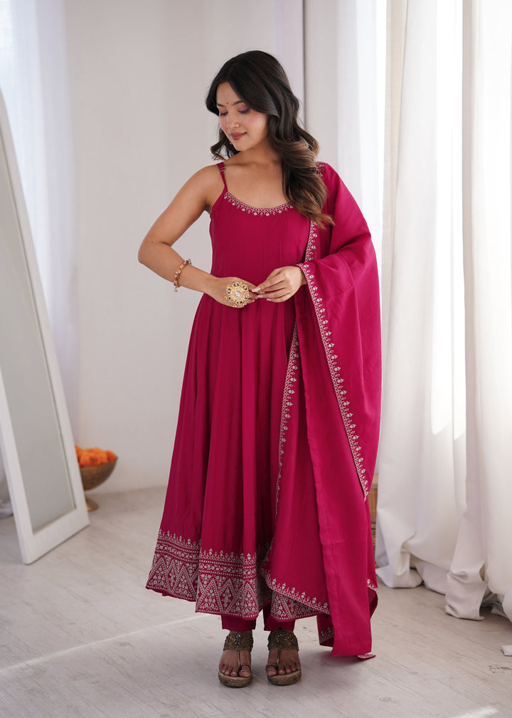 Rani Pink Roman Silk Chanderi Flared Anarkali Suit Set with Designer Dupatta