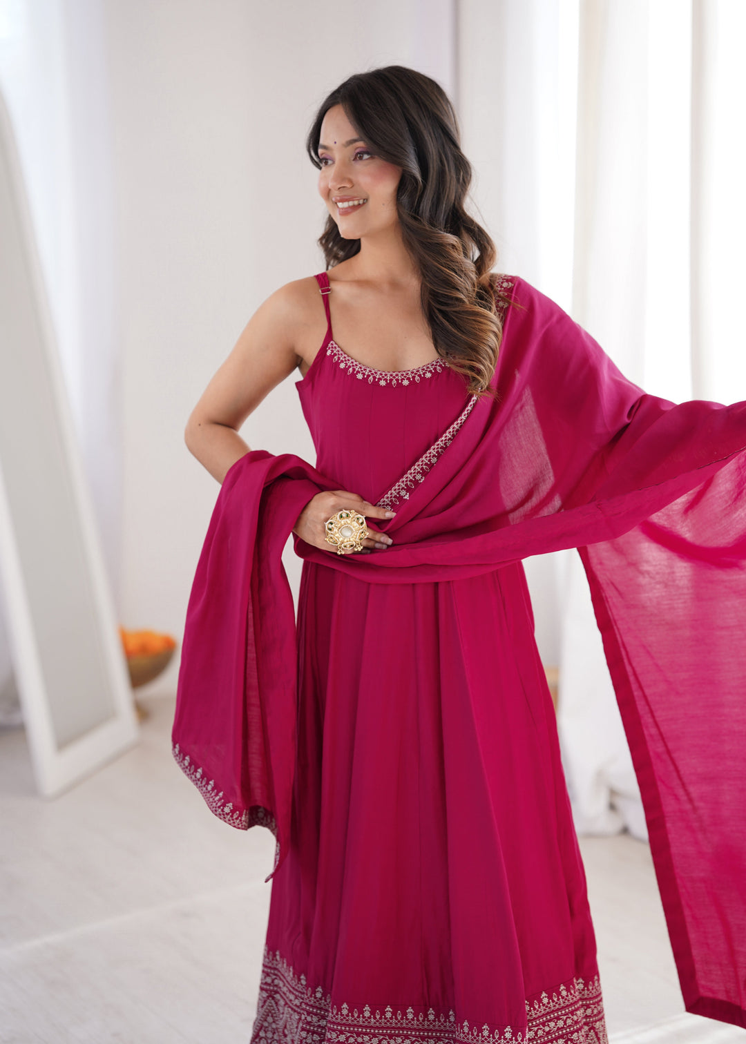 Rani Pink Roman Silk Chanderi Flared Anarkali Suit Set with Designer Dupatta