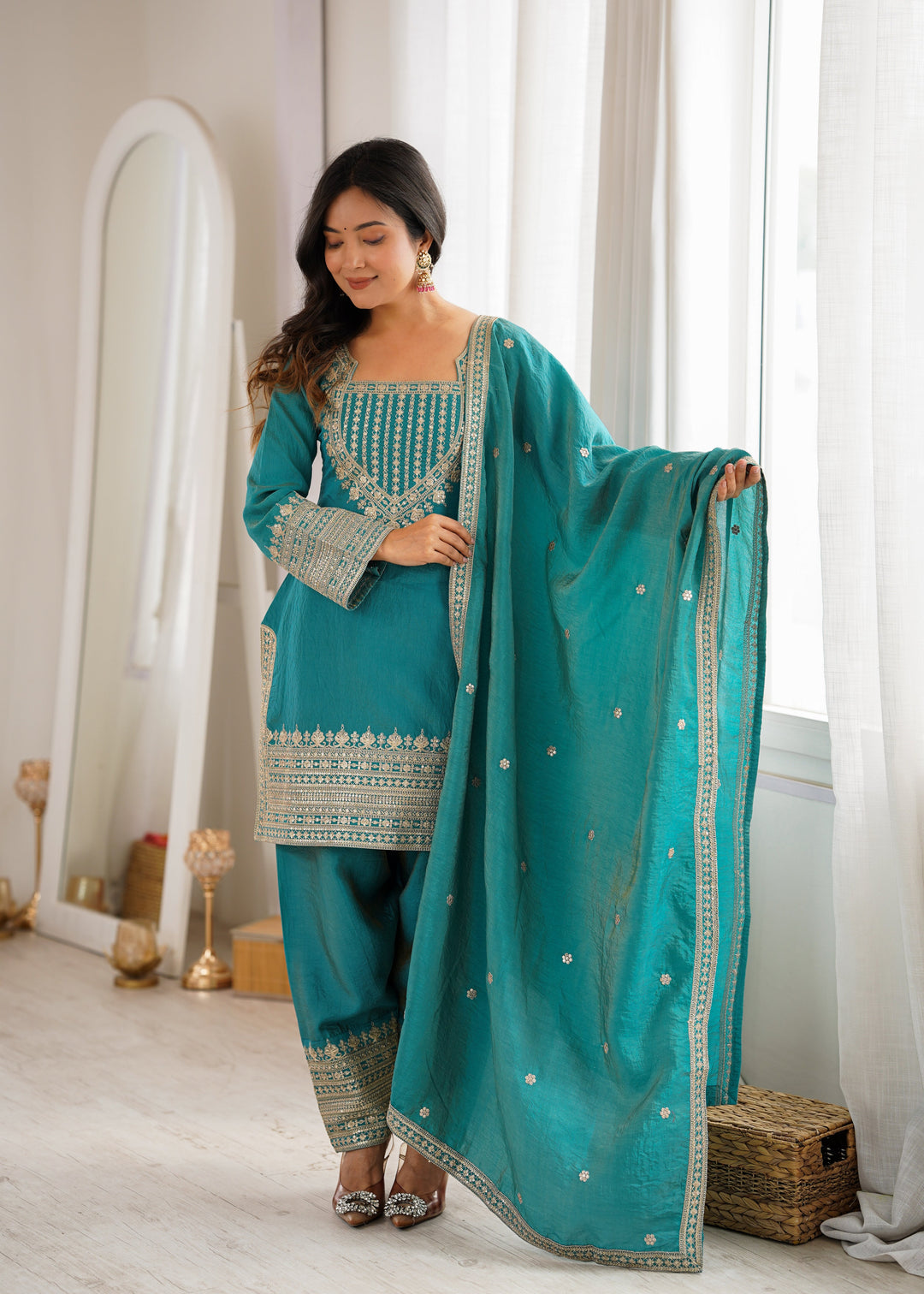 Turquoise Blue NC Vichitra Silk Embroidered Kurta Set with Farshi Shalwar & Designer Dupatta