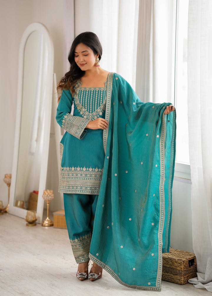 Turquoise Blue NC Vichitra Silk Embroidered Kurta Set with Farshi Shalwar & Designer Dupatta
