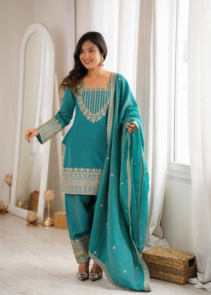 Turquoise Blue NC Vichitra Silk Embroidered Kurta Set with Farshi Shalwar & Designer Dupatta