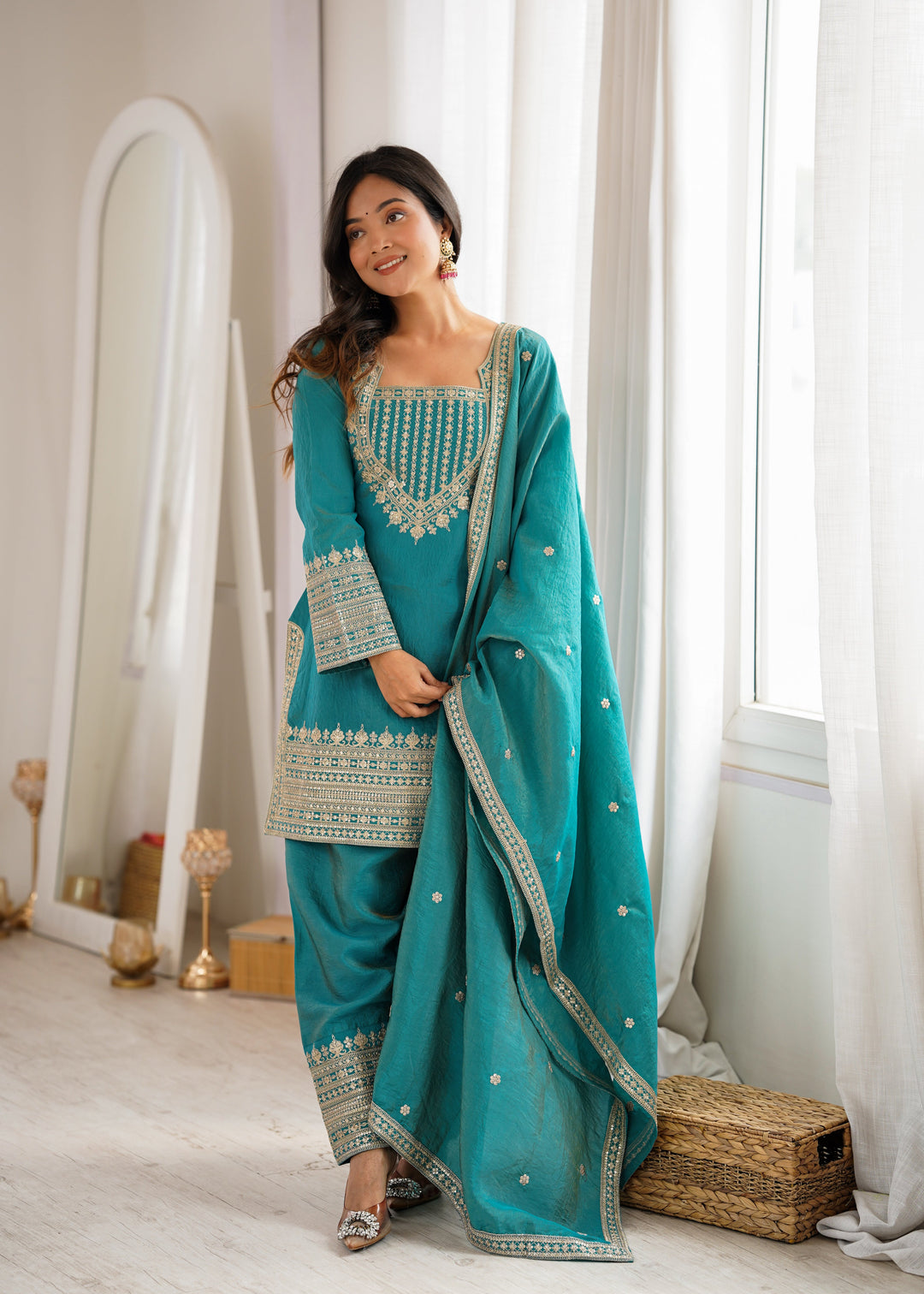 Turquoise Blue NC Vichitra Silk Embroidered Kurta Set with Farshi Shalwar & Designer Dupatta