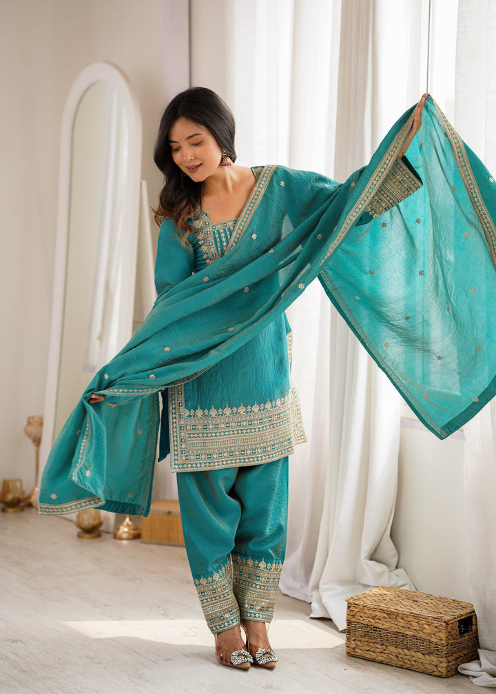 Turquoise Blue NC Vichitra Silk Embroidered Kurta Set with Farshi Shalwar & Designer Dupatta