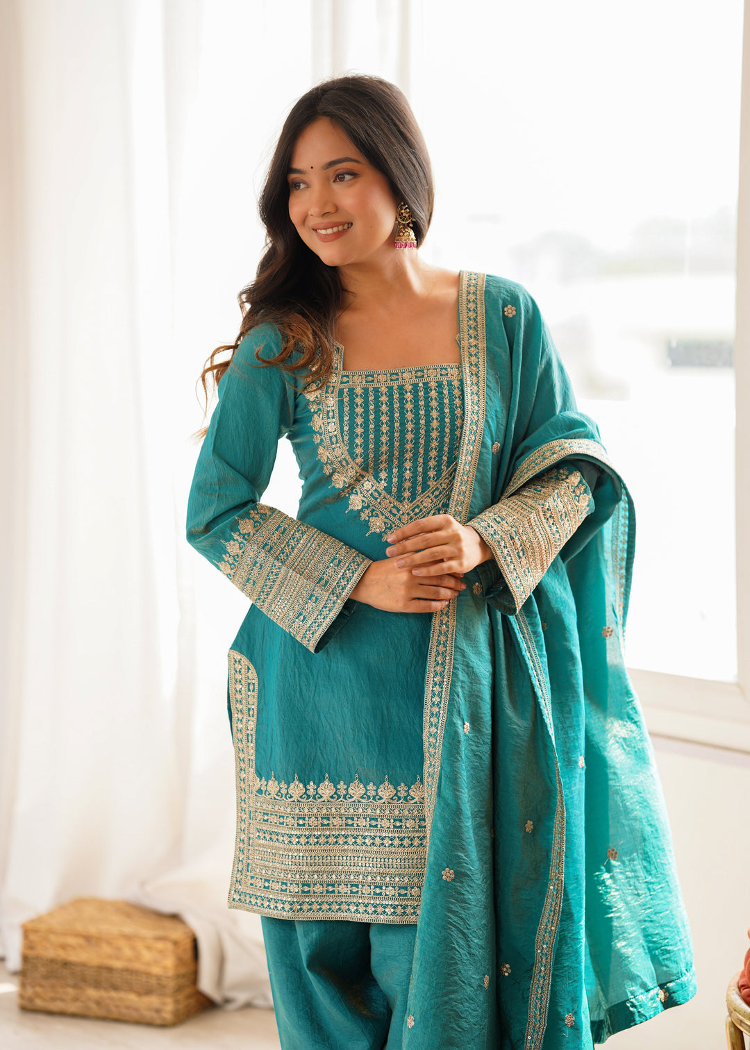 Turquoise Blue NC Vichitra Silk Embroidered Kurta Set with Farshi Shalwar & Designer Dupatta
