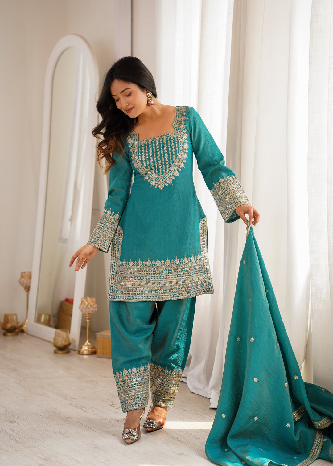 Turquoise Blue NC Vichitra Silk Embroidered Kurta Set with Farshi Shalwar & Designer Dupatta