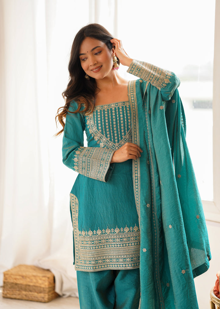 Turquoise Blue NC Vichitra Silk Embroidered Kurta Set with Farshi Shalwar & Designer Dupatta