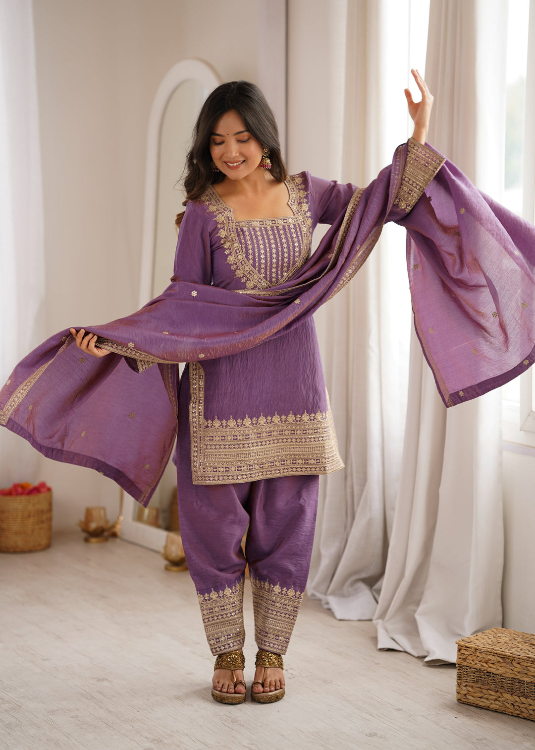 Lavender NC Vichitra Silk Embroidered Kurta Set with Farshi Shalwar & Designer Dupatta