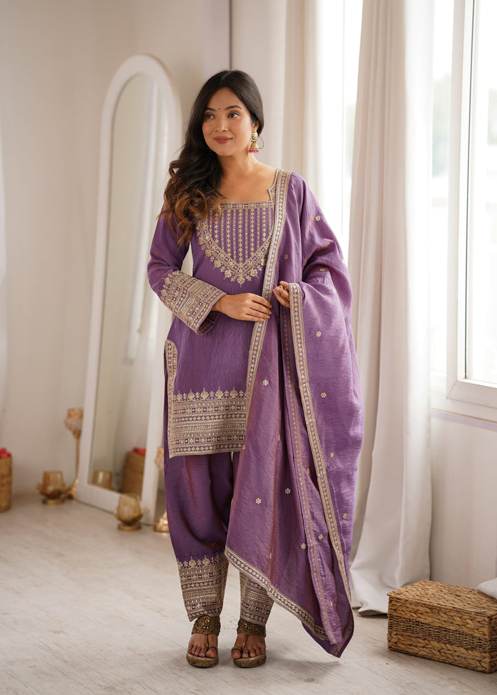 Lavender NC Vichitra Silk Embroidered Kurta Set with Farshi Shalwar & Designer Dupatta