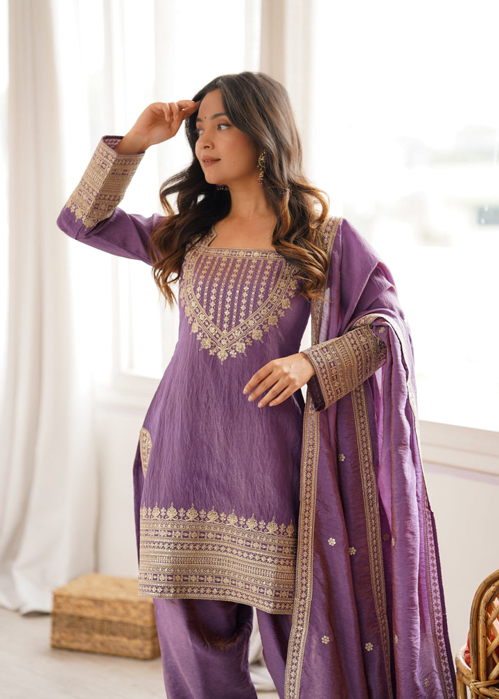 Lavender NC Vichitra Silk Embroidered Kurta Set with Farshi Shalwar & Designer Dupatta
