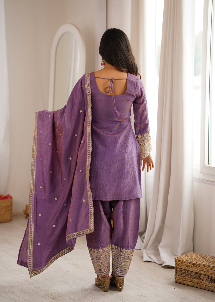 Lavender NC Vichitra Silk Embroidered Kurta Set with Farshi Shalwar & Designer Dupatta
