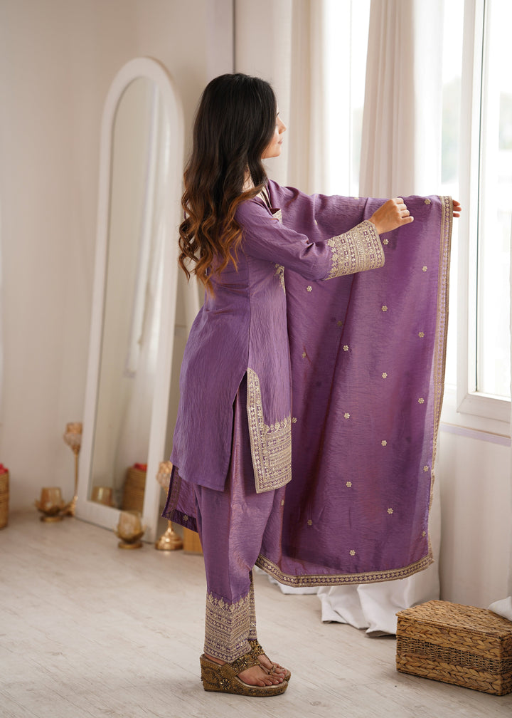 Lavender NC Vichitra Silk Embroidered Kurta Set with Farshi Shalwar & Designer Dupatta
