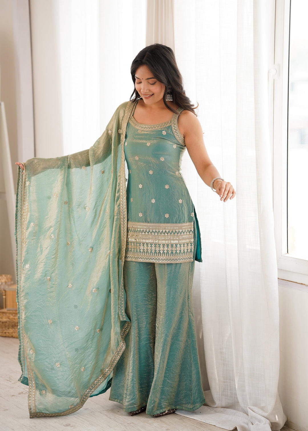 Sea Green Fendy Silk Embroidered Kurta Set with Bell Bottom Pants & Designer Dupatta