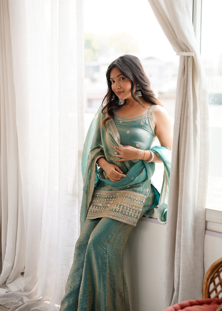 Sea Green Fendy Silk Embroidered Kurta Set with Bell Bottom Pants & Designer Dupatta