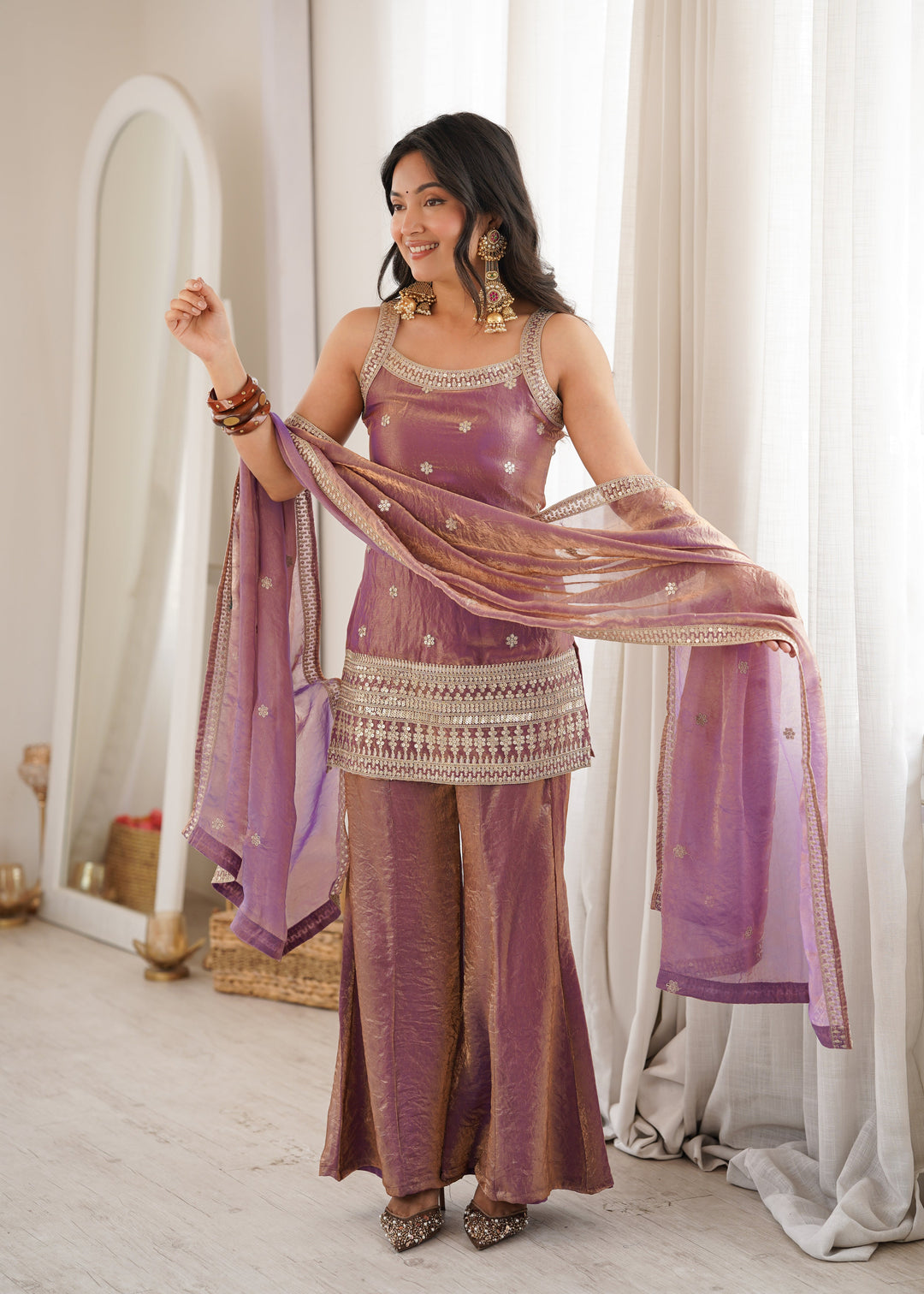 Dual Tone Mauve Fendy Silk Embroidered Kurta Set with Bell Bottom Pants & Designer Dupatta