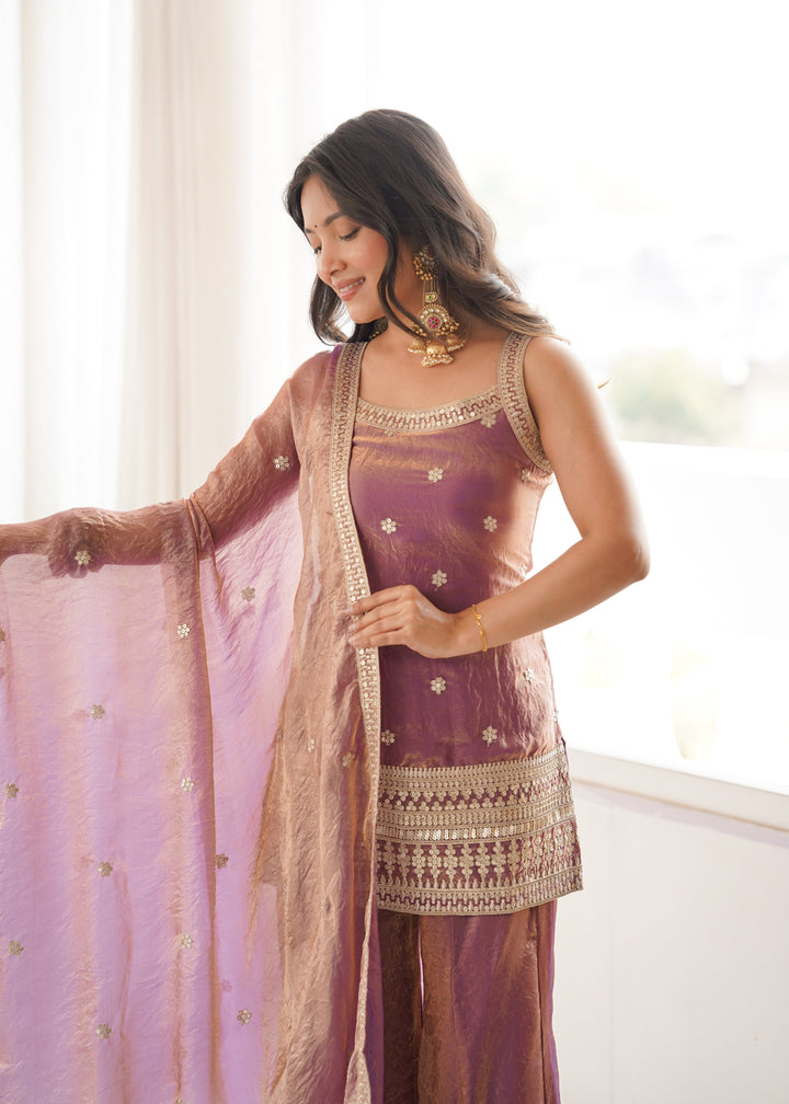 Dual Tone Mauve Fendy Silk Embroidered Kurta Set with Bell Bottom Pants & Designer Dupatta