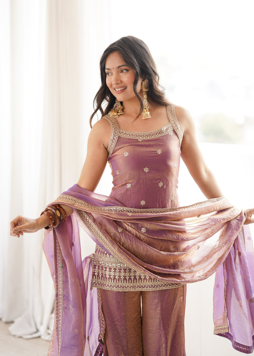 Dual Tone Mauve Fendy Silk Embroidered Kurta Set with Bell Bottom Pants & Designer Dupatta