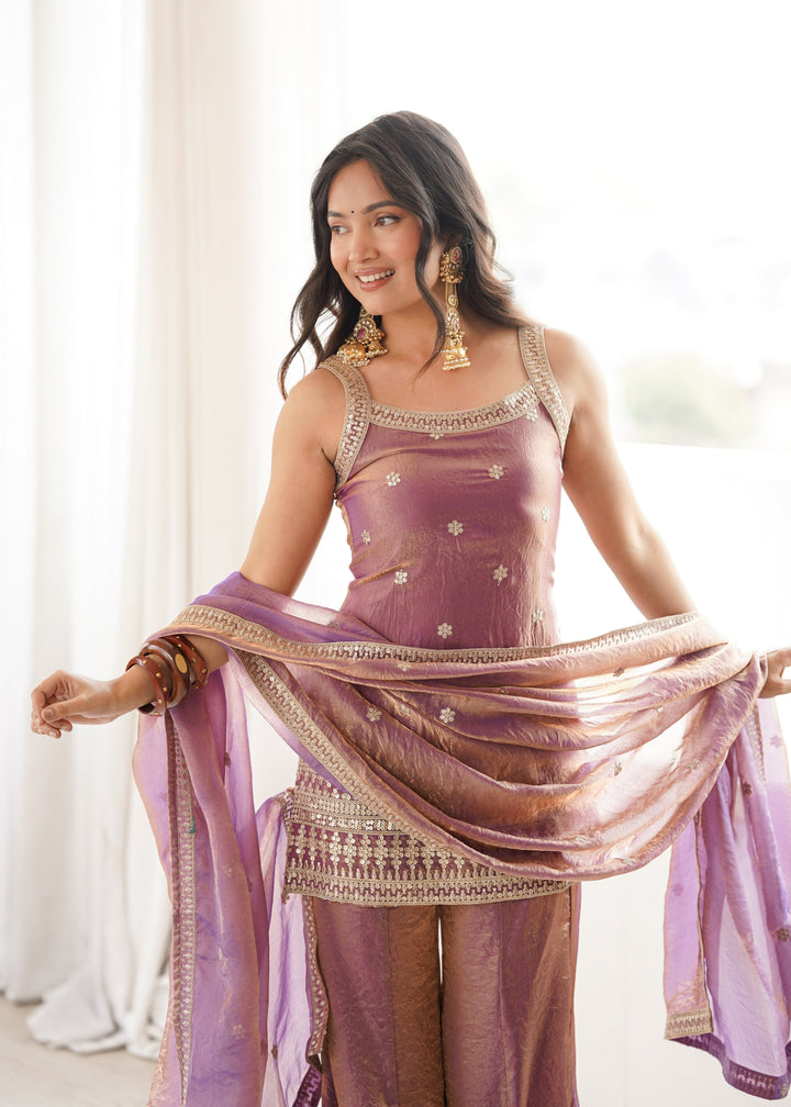 Dual Tone Mauve Fendy Silk Embroidered Kurta Set with Bell Bottom Pants & Designer Dupatta