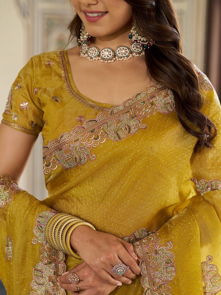 Mustard Yellow Fendy Satin Embroidered Saree with Elephant Motifs & Zari Border | Designer Festive Saree with Tassels & Heavy Embroidered Blouse