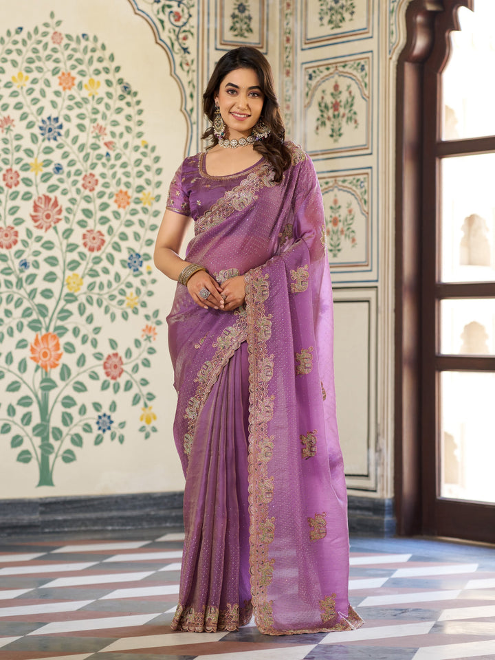 Lavender Purple Fendy Satin Embroidered Saree with Elephant Motifs & Zari Border | Designer Festive Wear Saree with Tassels & Heavy Embroidered Blouse