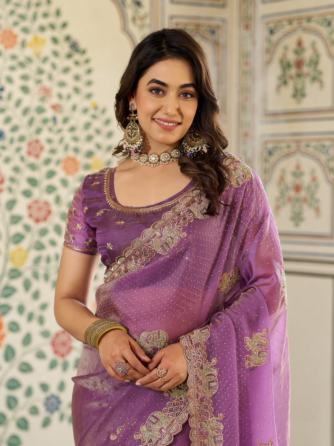 Lavender Purple Fendy Satin Embroidered Saree with Elephant Motifs & Zari Border | Designer Festive Wear Saree with Tassels & Heavy Embroidered Blouse