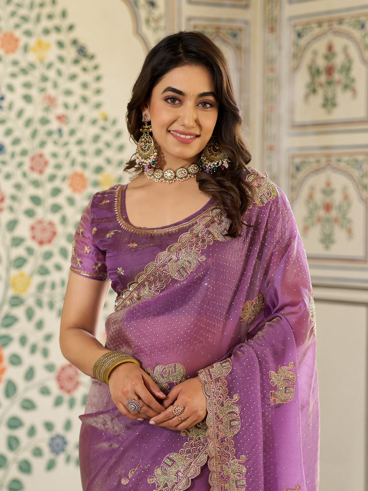 Lavender Purple Fendy Satin Embroidered Saree with Elephant Motifs & Zari Border | Designer Festive Wear Saree with Tassels & Heavy Embroidered Blouse