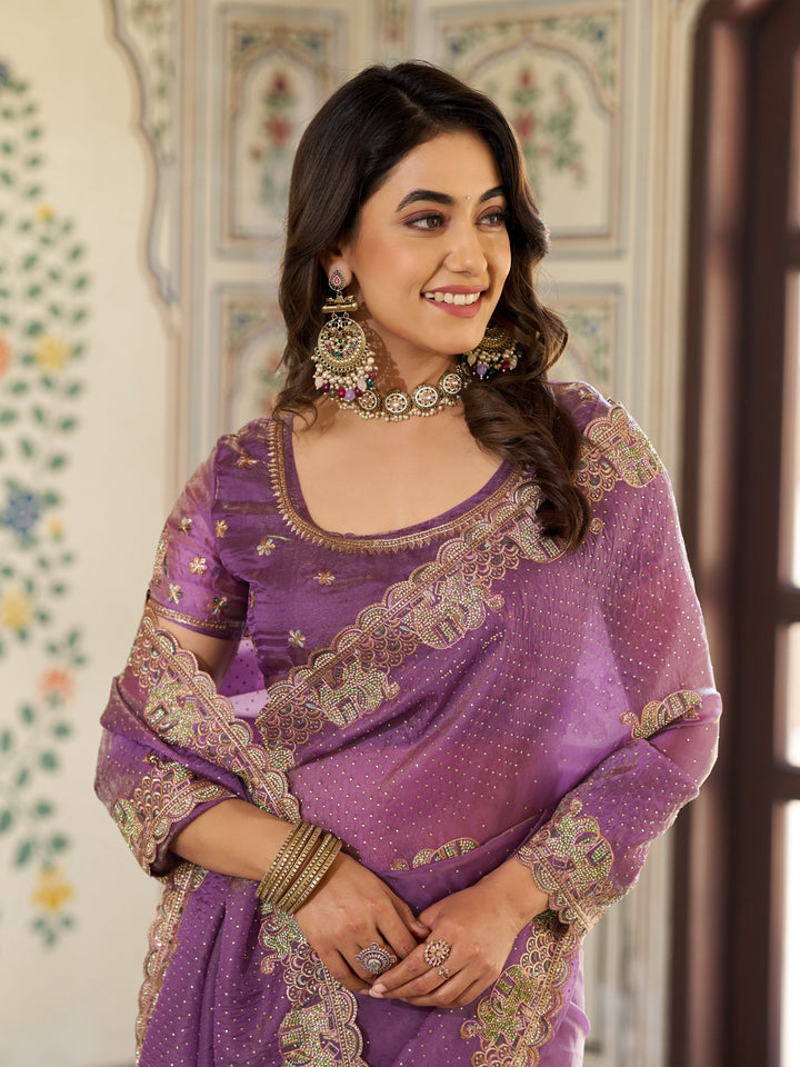 Lavender Purple Fendy Satin Embroidered Saree with Elephant Motifs & Zari Border | Designer Festive Wear Saree with Tassels & Heavy Embroidered Blouse