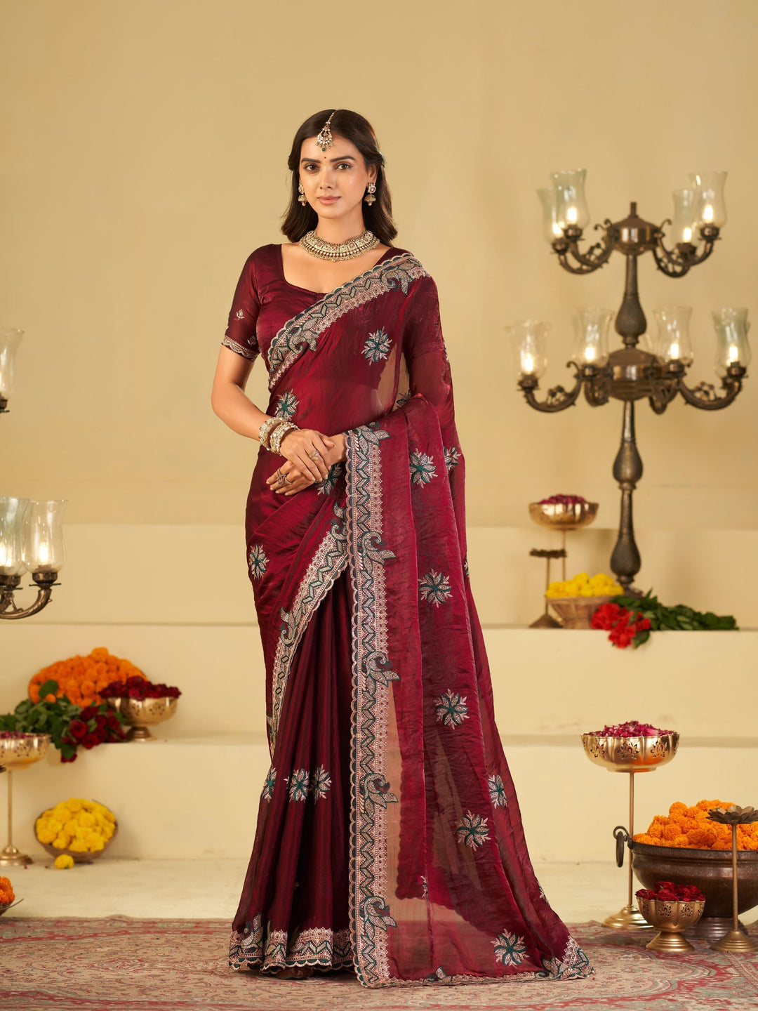 Wine Designer Fendy Satin Saree with Heavy Embroidered Border | Premium Festive Party Wear Saree with Floral Embroidery & Matching Blouse
