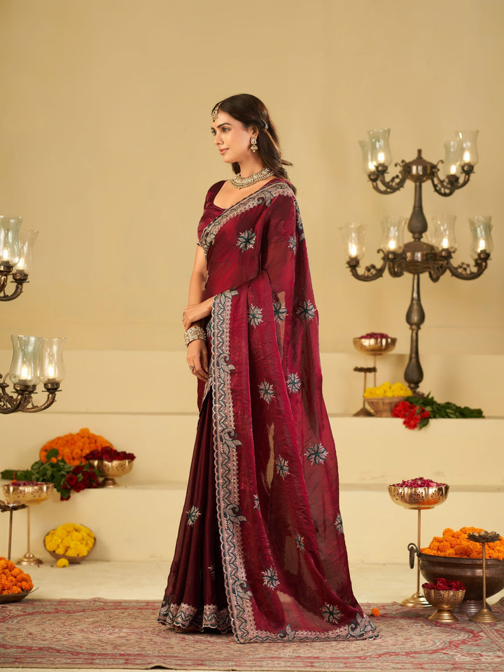 Wine Designer Fendy Satin Saree with Heavy Embroidered Border | Premium Festive Party Wear Saree with Floral Embroidery & Matching Blouse