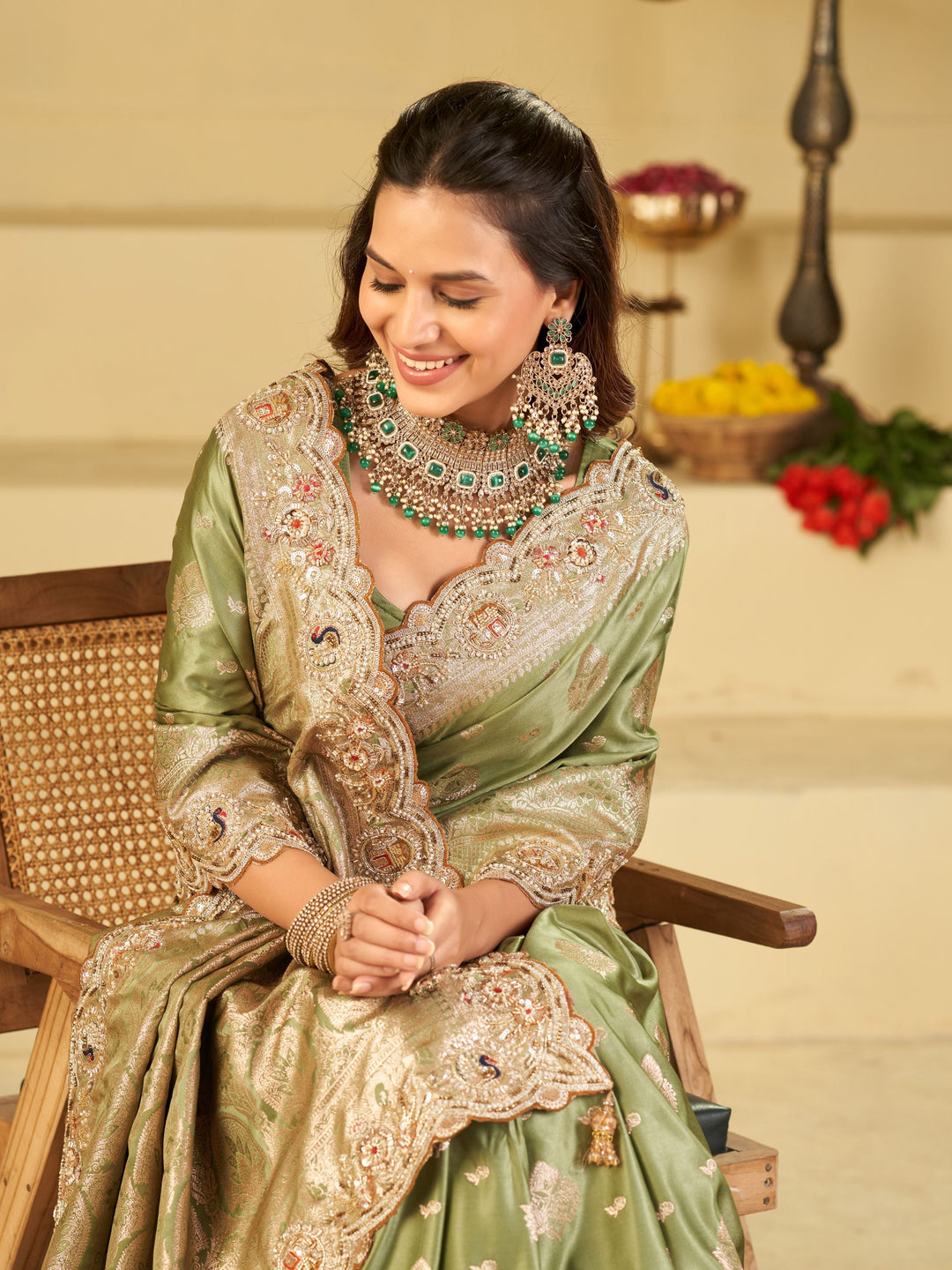 Pastel Green Banarasi Silk Saree with Heavy Embroidered Scallop Border & Rich Zari Woven Pallu | Designer Wedding Festive Saree
