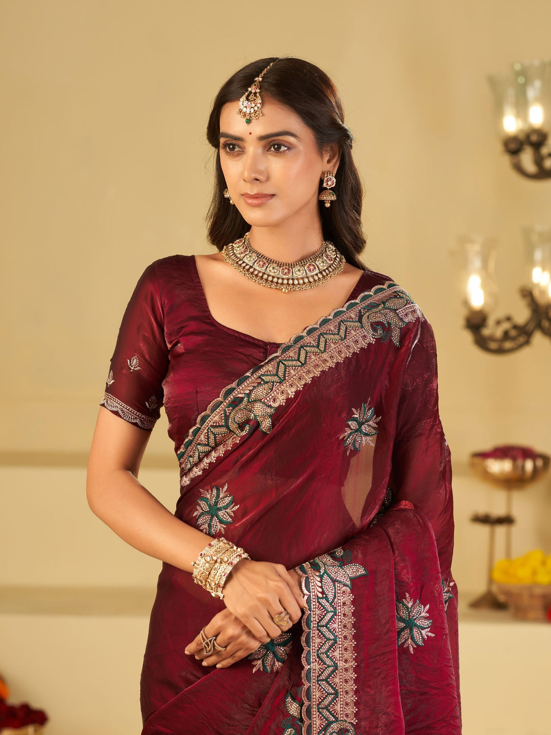 Wine Designer Fendy Satin Saree with Heavy Embroidered Border | Premium Festive Party Wear Saree with Floral Embroidery & Matching Blouse