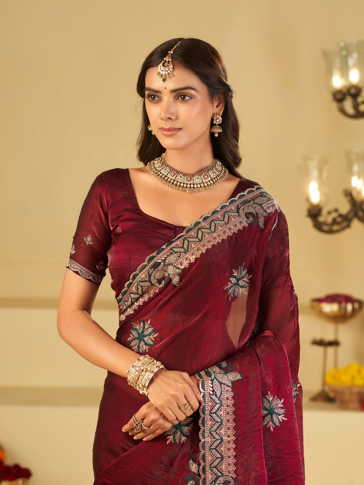 Wine Designer Fendy Satin Saree with Heavy Embroidered Border | Premium Festive Party Wear Saree with Floral Embroidery & Matching Blouse