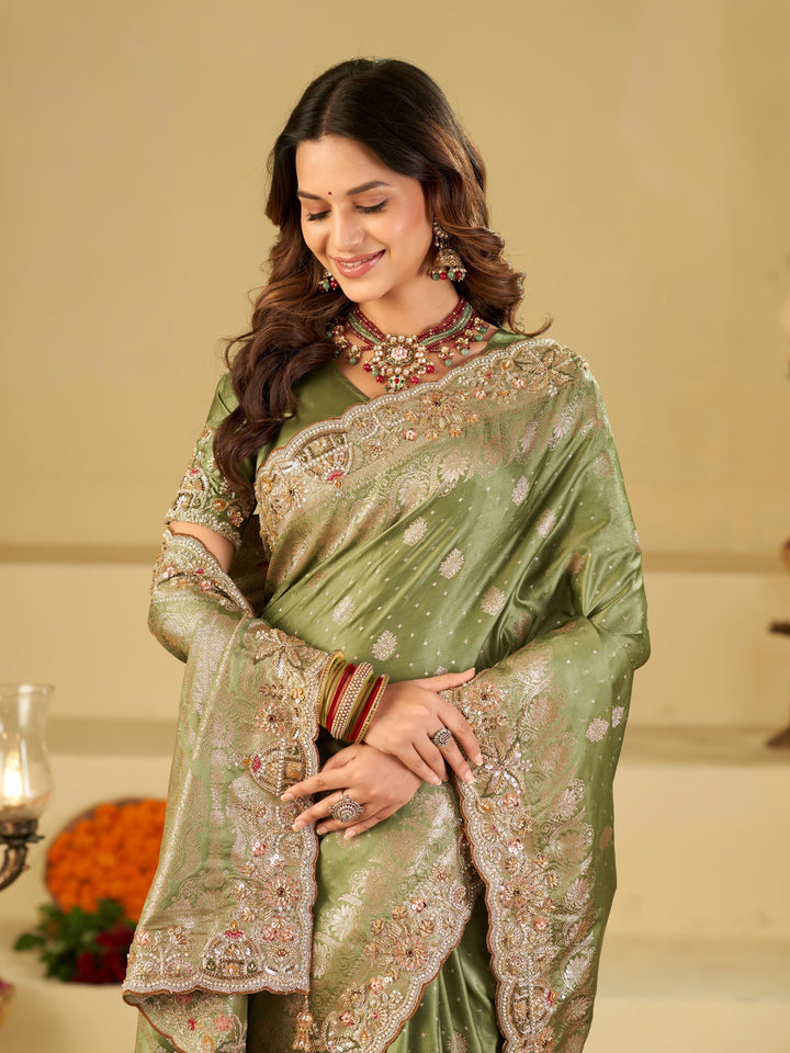 Pista Green Banarasi Silk Saree with Heavy Embroidered Border & Rich Zari Woven Pallu | Designer Wedding Festive Saree
