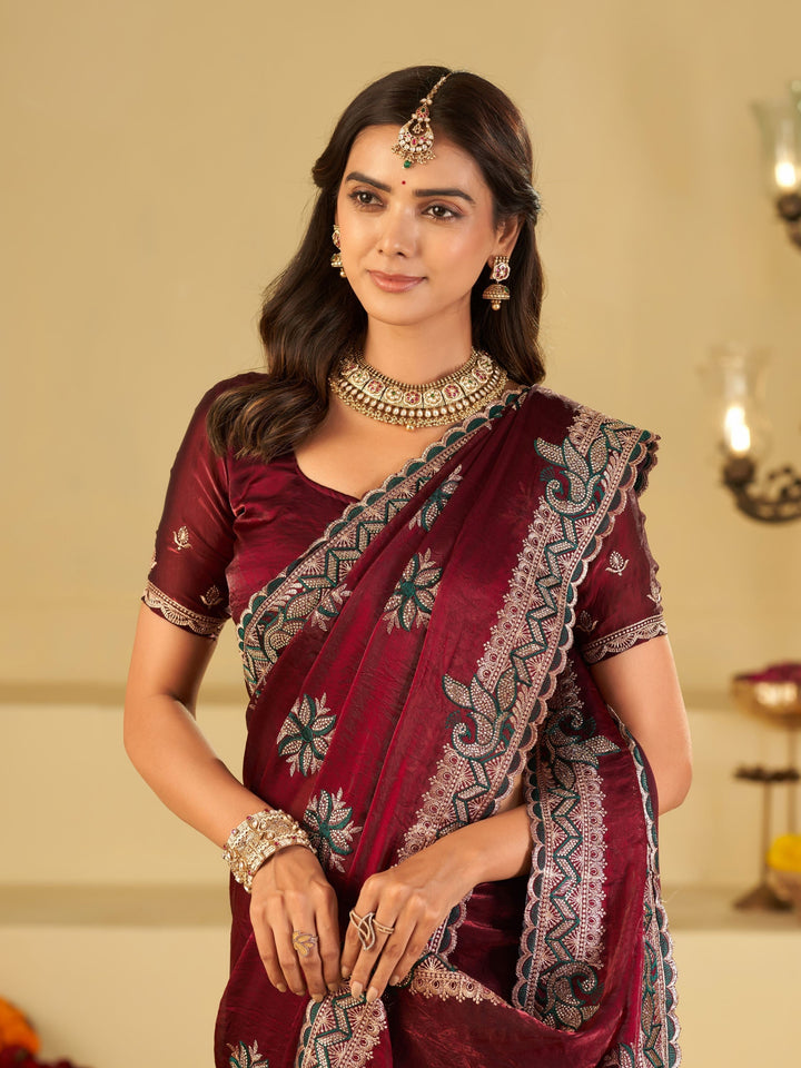 Wine Designer Fendy Satin Saree with Heavy Embroidered Border | Premium Festive Party Wear Saree with Floral Embroidery & Matching Blouse