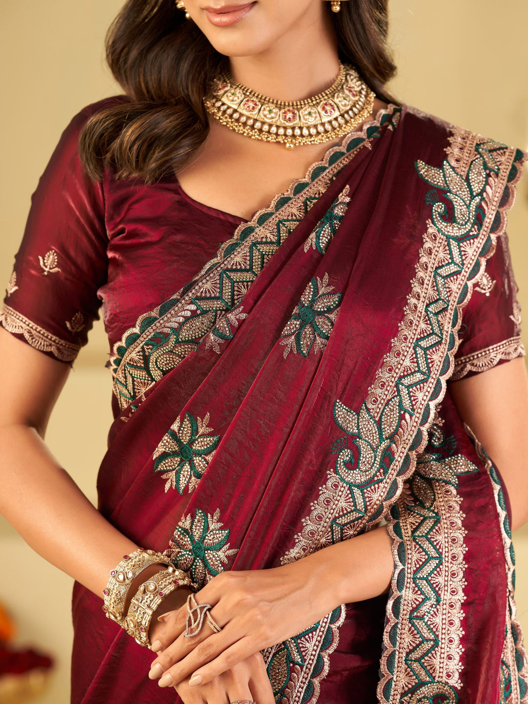 Wine Designer Fendy Satin Saree with Heavy Embroidered Border | Premium Festive Party Wear Saree with Floral Embroidery & Matching Blouse