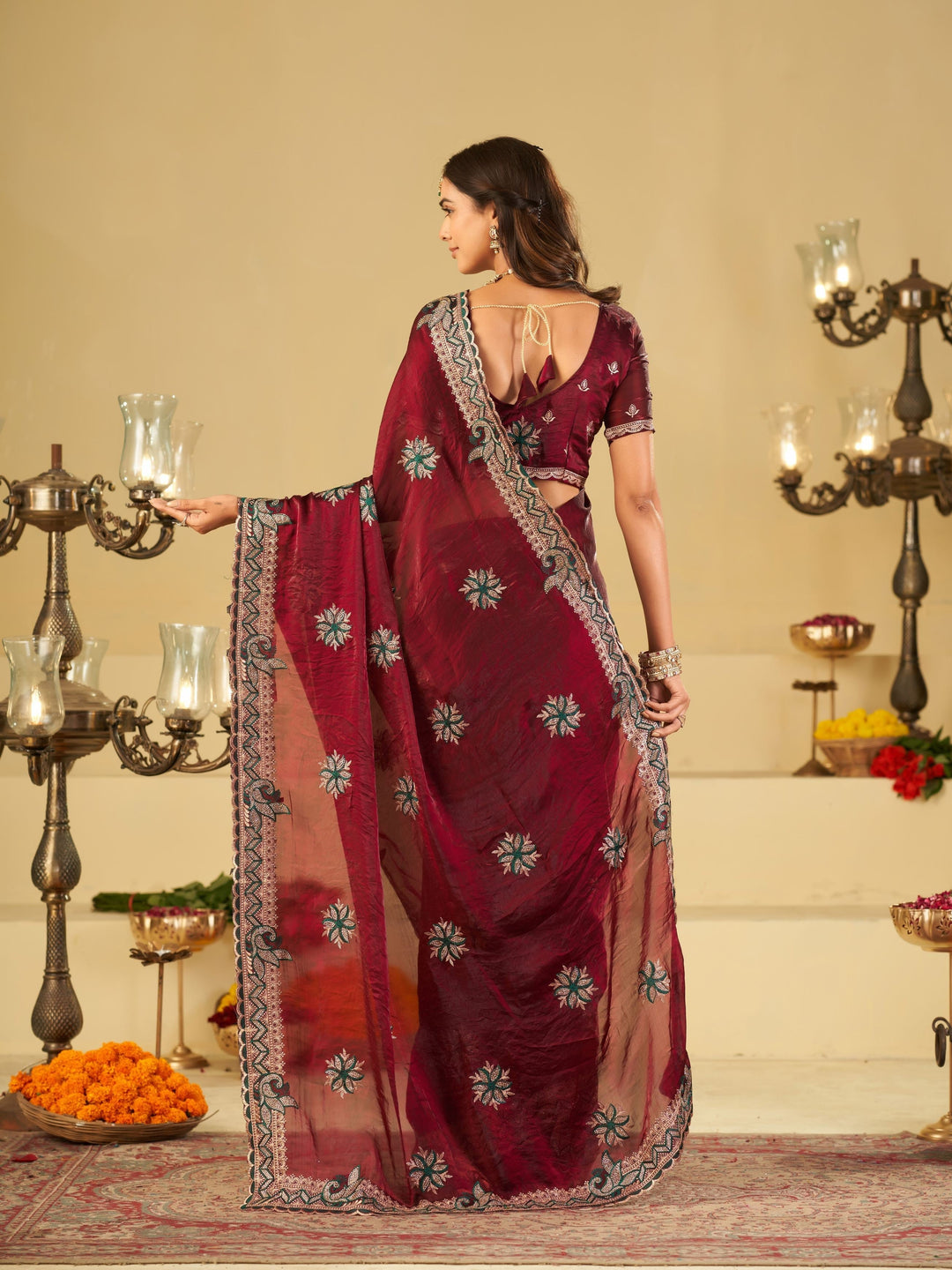Wine Designer Fendy Satin Saree with Heavy Embroidered Border | Premium Festive Party Wear Saree with Floral Embroidery & Matching Blouse