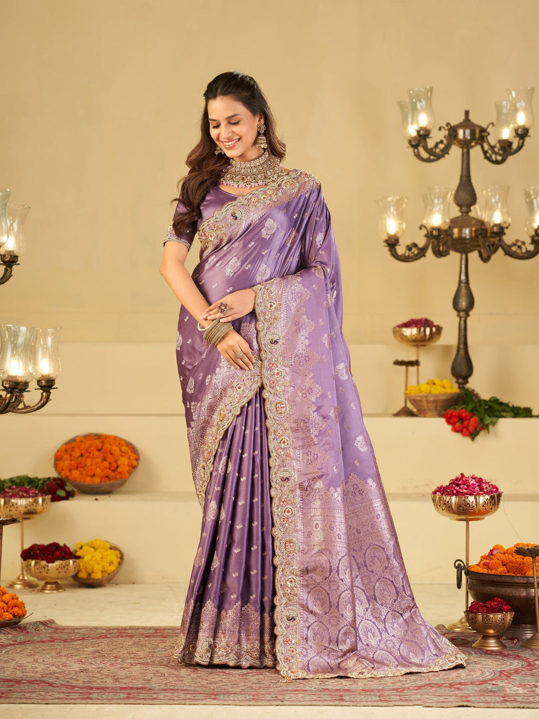 Lavender Purple Banarasi Silk Saree with Heavy Embroidered Border & Rich Zari Woven Pallu | Designer Wedding Festive Saree