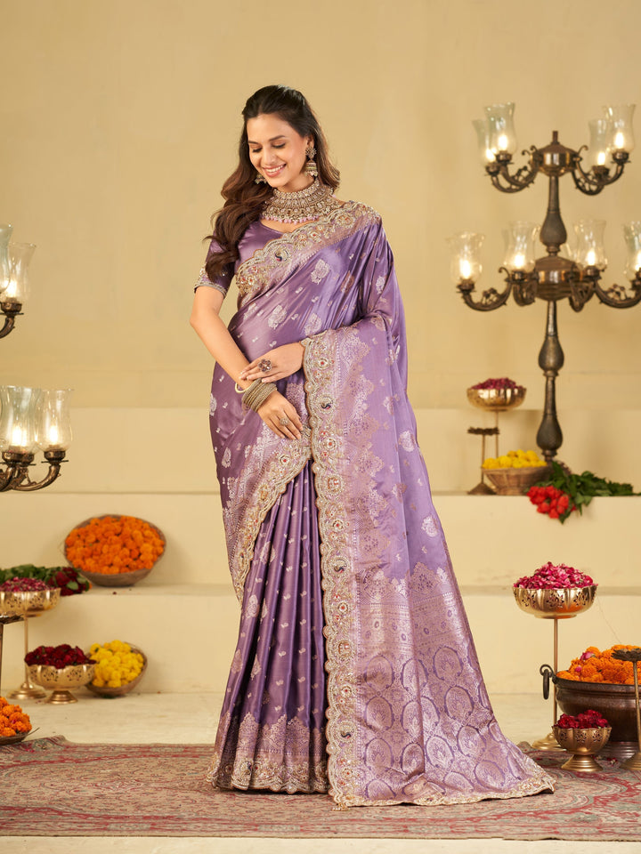 Lavender Purple Banarasi Silk Saree with Heavy Embroidered Border & Rich Zari Woven Pallu | Designer Wedding Festive Saree
