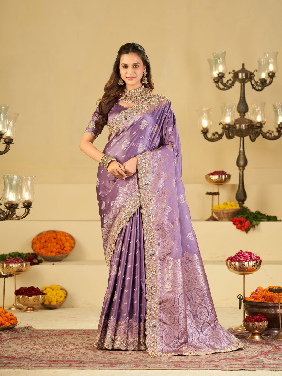 Lavender Purple Banarasi Silk Saree with Heavy Embroidered Border & Rich Zari Woven Pallu | Designer Wedding Festive Saree