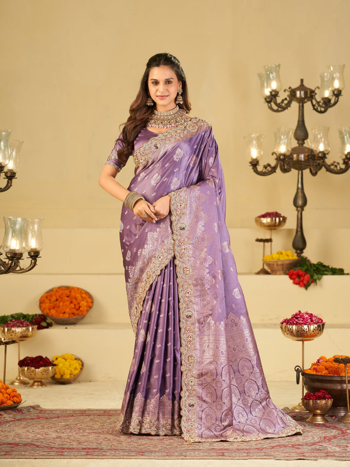 Lavender Purple Banarasi Silk Saree with Heavy Embroidered Border & Rich Zari Woven Pallu | Designer Wedding Festive Saree