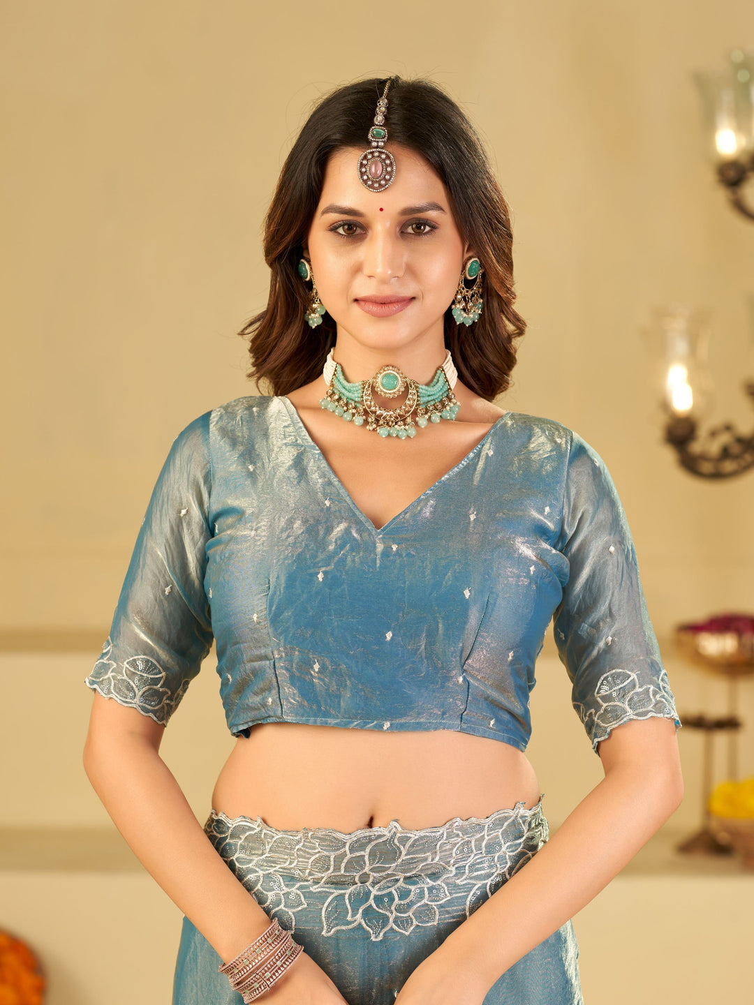 Sky Blue Fendy Satin Saree with White Floral Embroidery Border | Elegant Designer Party Wear Saree with Blouse