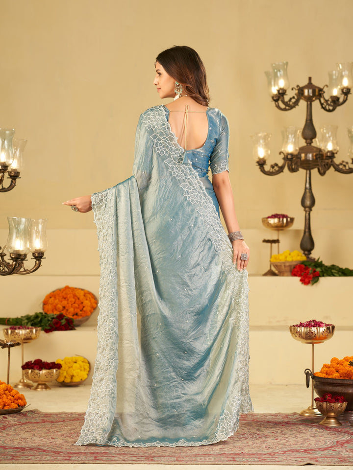 Sky Blue Fendy Satin Saree with White Floral Embroidery Border | Elegant Designer Party Wear Saree with Blouse