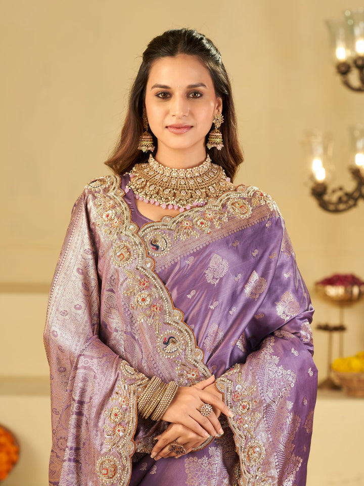 Lavender Purple Banarasi Silk Saree with Heavy Embroidered Border & Rich Zari Woven Pallu | Designer Wedding Festive Saree