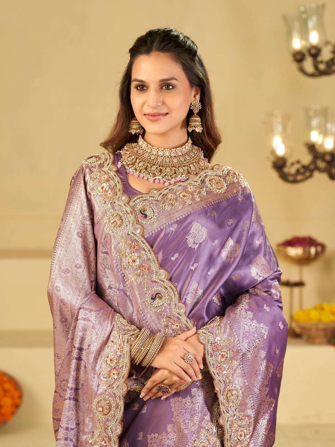 Lavender Purple Banarasi Silk Saree with Heavy Embroidered Border & Rich Zari Woven Pallu | Designer Wedding Festive Saree