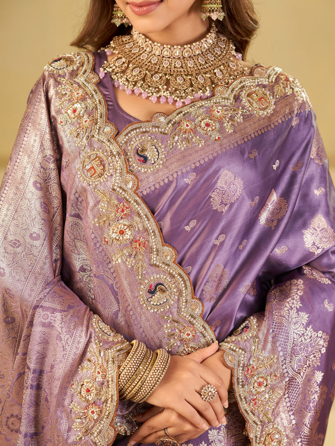 Lavender Purple Banarasi Silk Saree with Heavy Embroidered Border & Rich Zari Woven Pallu | Designer Wedding Festive Saree